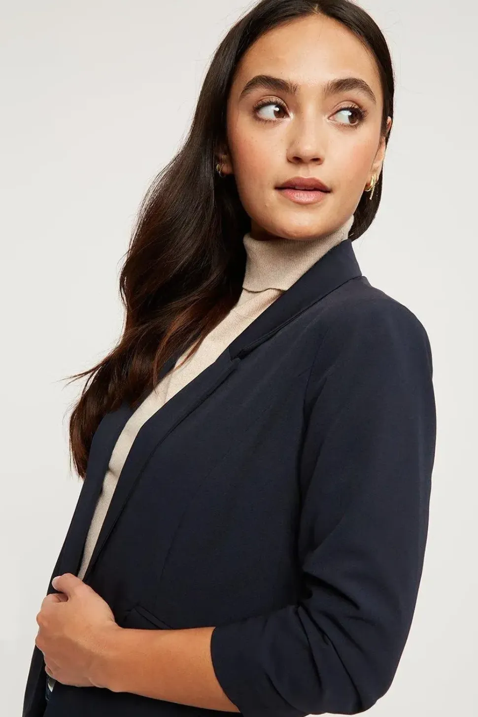 Petite Navy Ruched Sleeve Blazer