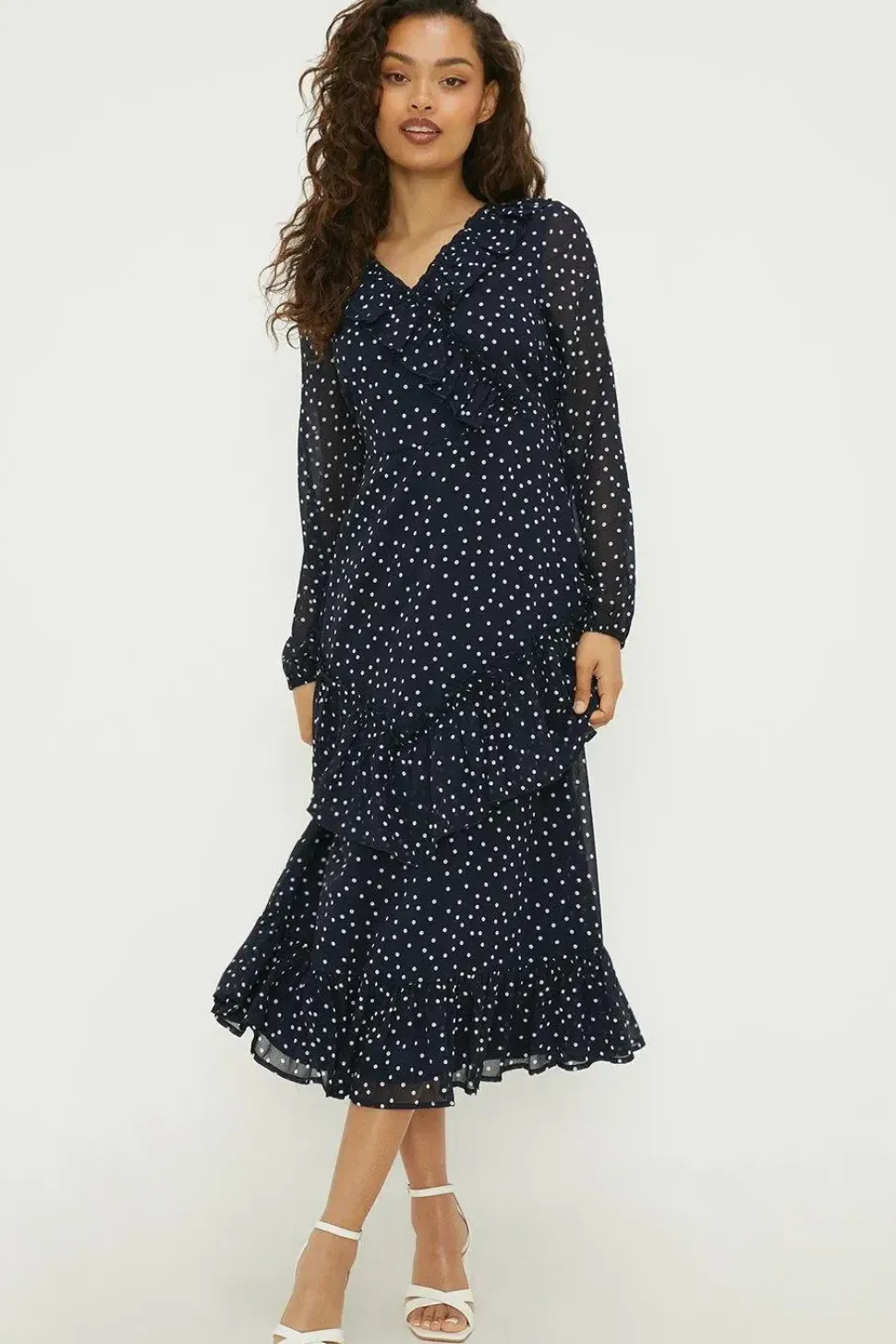 Petite Navy Spot Chiffon Ruffle Midaxi Dress