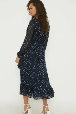 Petite Navy Spot Chiffon Ruffle Midaxi Dress