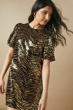 Petite Occasion Animal Sequin Puff Sleeve Mini Dress