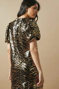 Petite Occasion Animal Sequin Puff Sleeve Mini Dress