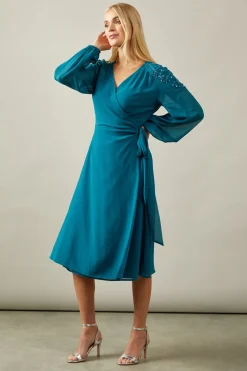 Petite Occasion Embellished Sequin Shoulder Wrap Midi Dress