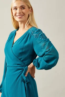 Petite Occasion Embellished Sequin Shoulder Wrap Midi Dress