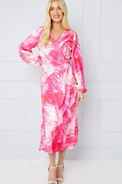 Petite Occasion Feather Print Satin Wrap Formal Midi Dress