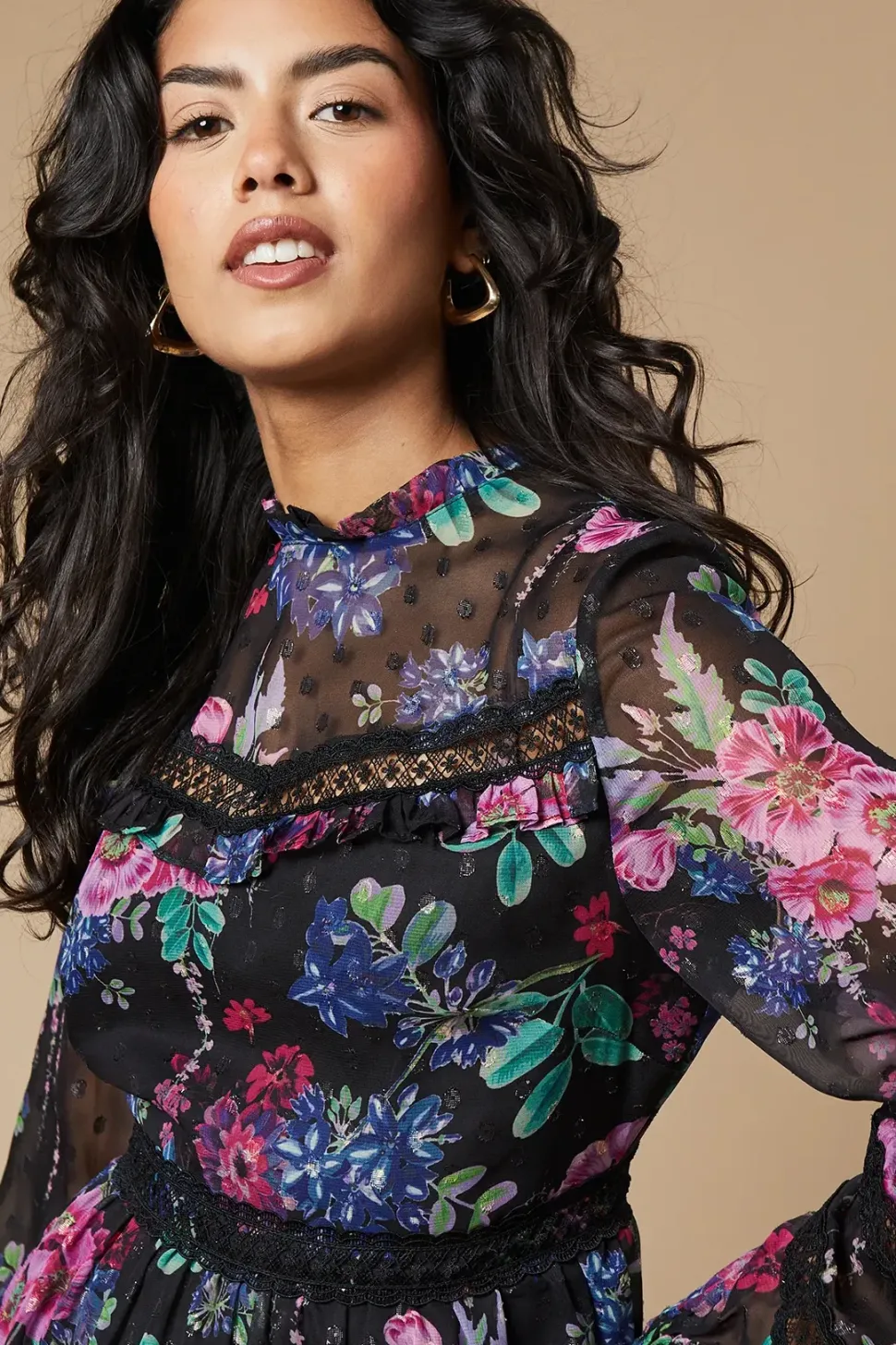 Petite Occasion Floral Glitter Lace Trim Midi Dress