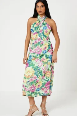 Petite Occasion Floral Halterneck Jacquard Midi Dress