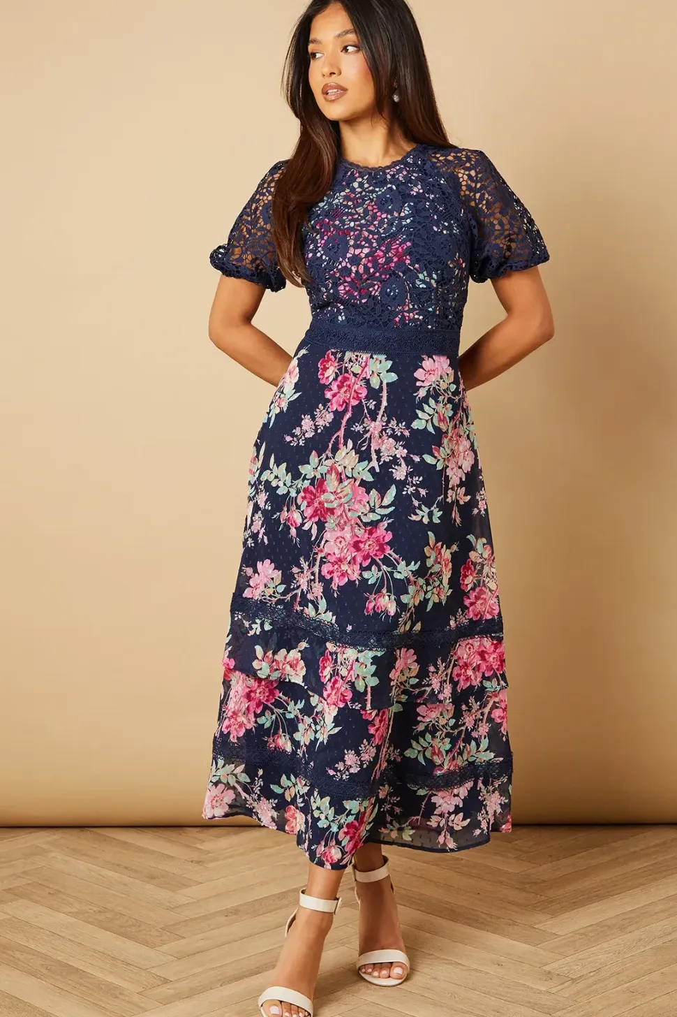 Petite Occasion Floral Lace Bodice Midi Dress