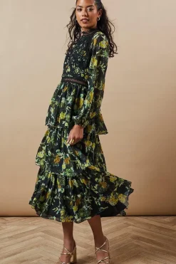 Petite Occasion Floral Lace Trim Dobby Chiffon Tiered Midaxi Dress