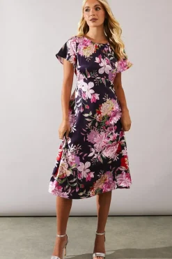 Petite Occasion Floral Satin Gathered Midi Dress