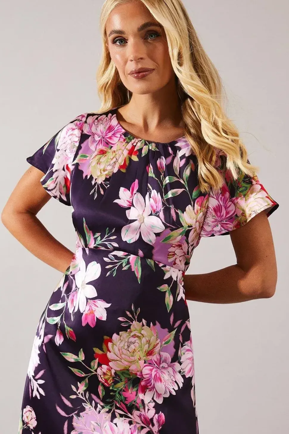 Petite Occasion Floral Satin Gathered Midi Dress