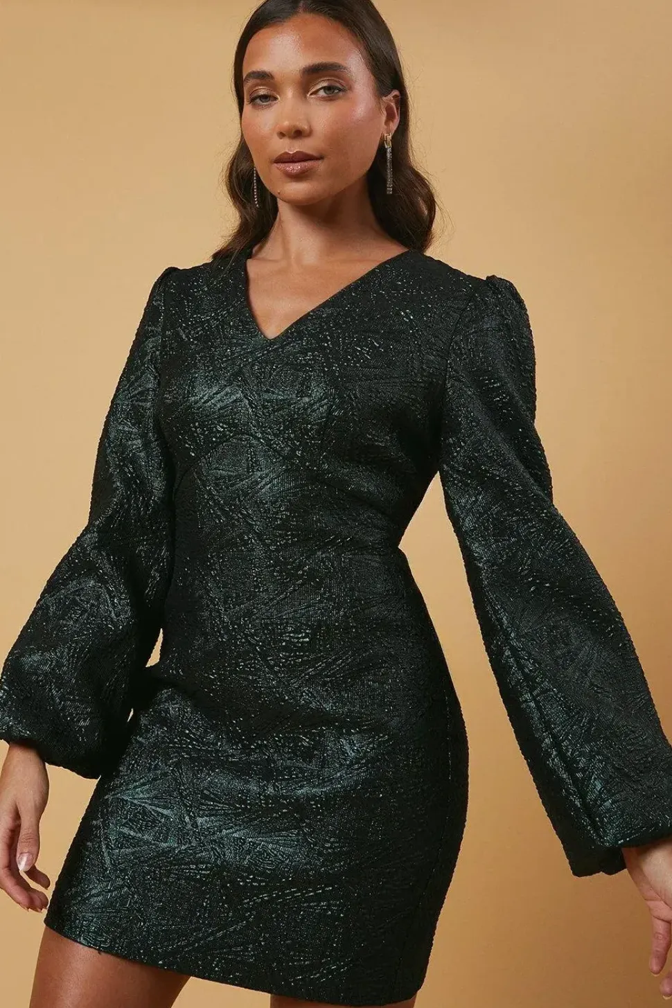 Petite Occasion Jacquard Puff Sleeve Mini Dress