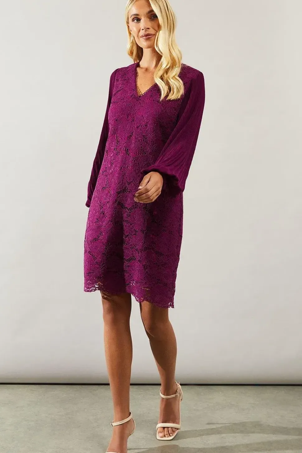 Petite Occasion Lace Pleat Sleeve Shift Dress