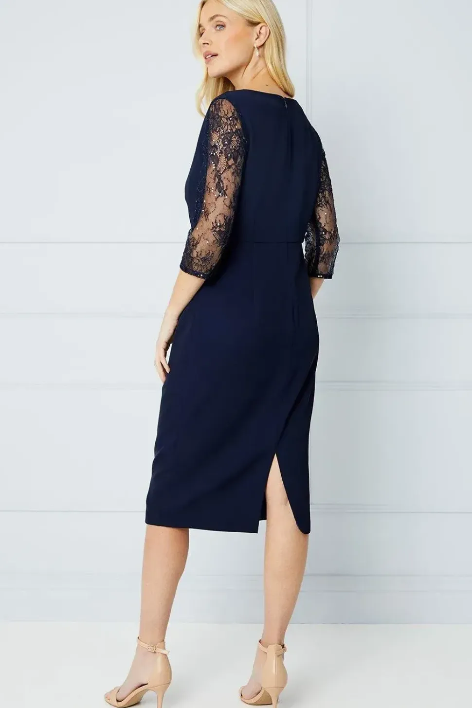 Petite Occasion Lace Sleeve Cowl Pencil Dress