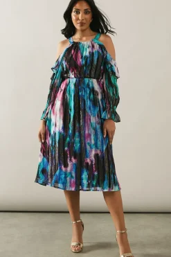 Petite Occasion Metallic Abstract Ruffle Midi Dress