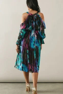 Petite Occasion Metallic Abstract Ruffle Midi Dress