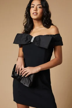 Petite Occasion Organza Bardot Bow Mini Dress