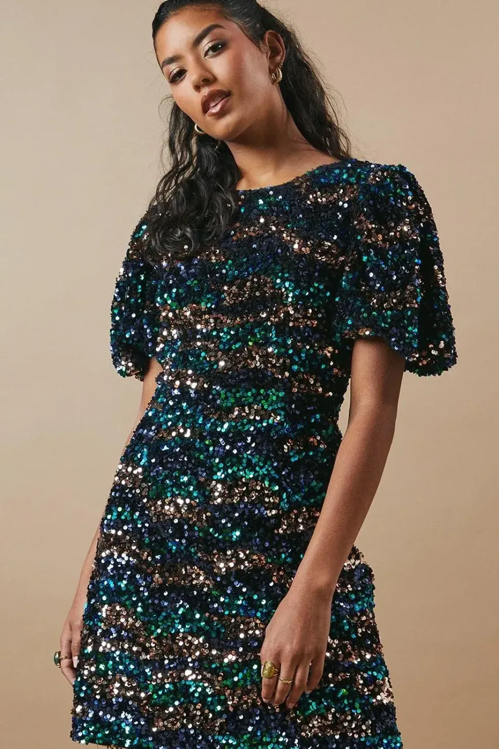 Petite Occasion Puff Sleeve Sequin Mini Dress
