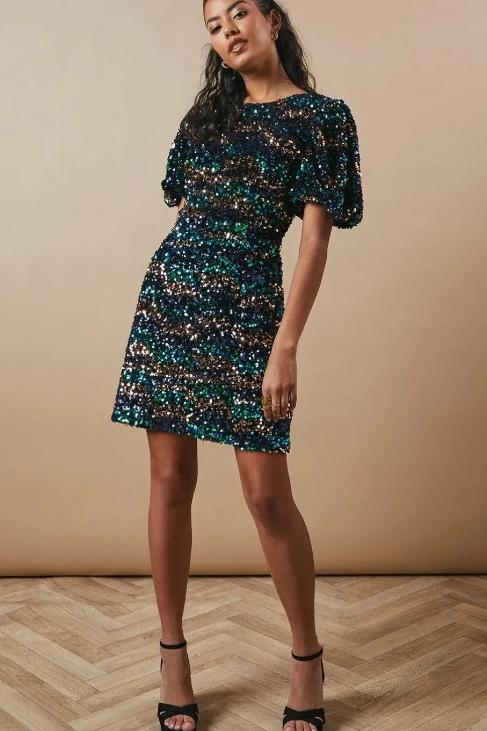 Petite Occasion Puff Sleeve Sequin Mini Dress