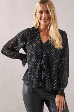 Petite Occasion Ruffle Front Metallic Blouse