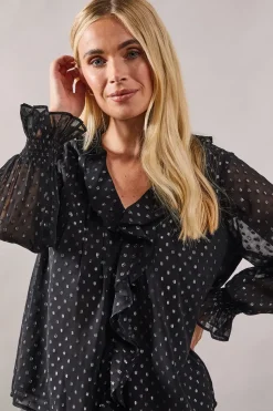 Petite Occasion Ruffle Front Metallic Blouse