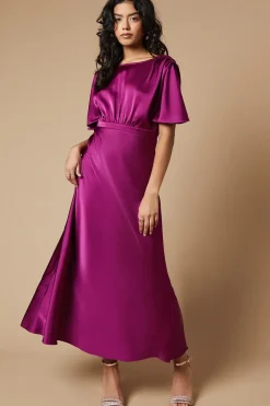 Petite Occasion Satin Pleat Shoulder Midaxi Dress