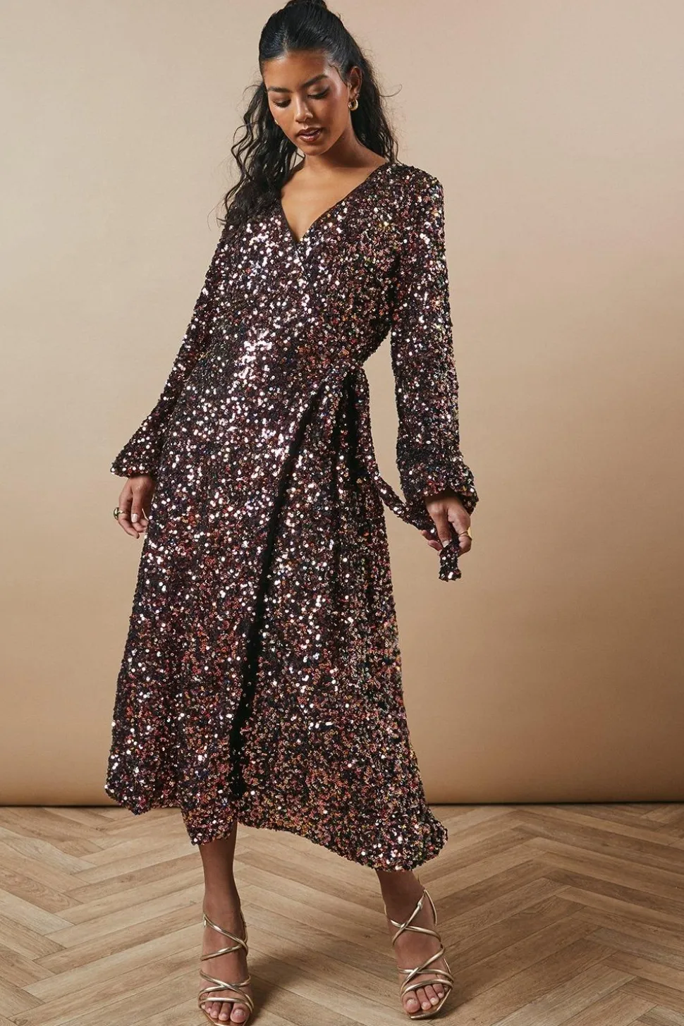 Petite Occasion Sequin Wrap Midi Dress