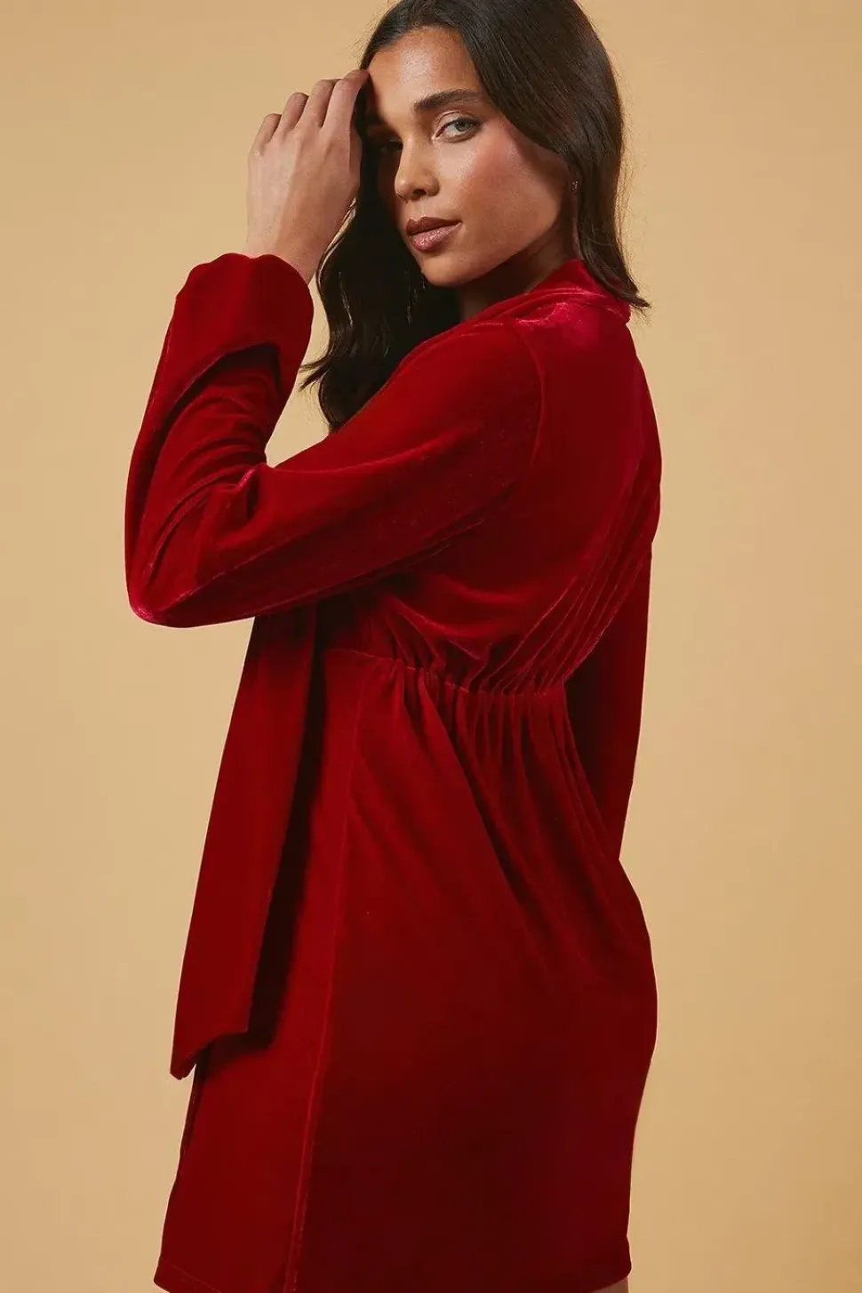 Petite Occasion Velvet Tie Neck Mini Dress