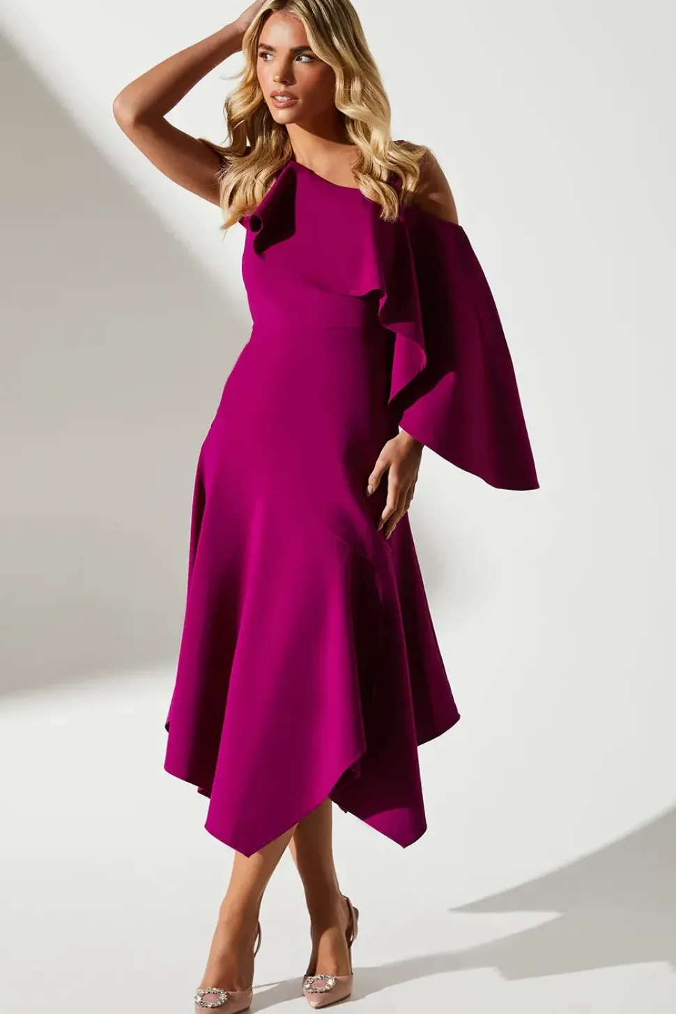 Petite One Shoulder Ruffle Crepe Midi Wedding Guest Dress