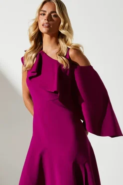 Petite One Shoulder Ruffle Crepe Midi Wedding Guest Dress