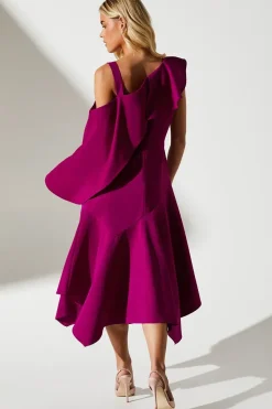 Petite One Shoulder Ruffle Crepe Midi Wedding Guest Dress