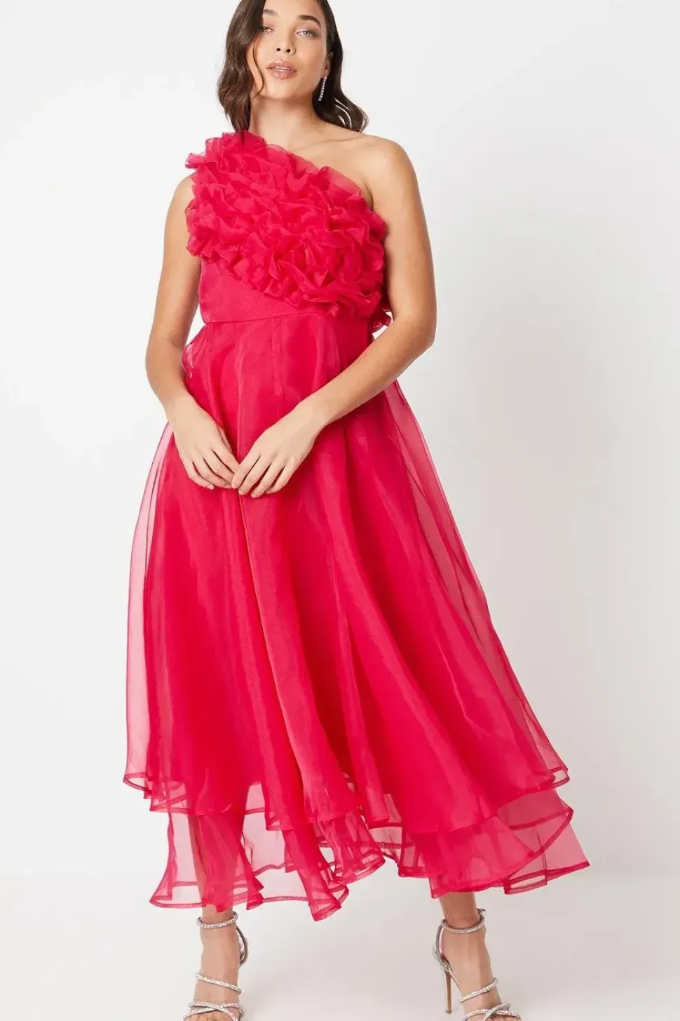 Petite One Shoulder Ruffle Organza Midi Dress