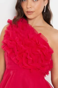 Petite One Shoulder Ruffle Organza Midi Dress