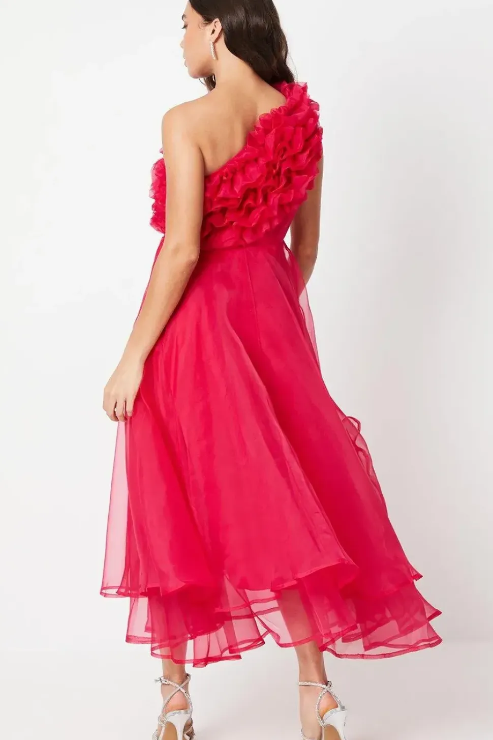 Petite One Shoulder Ruffle Organza Midi Dress