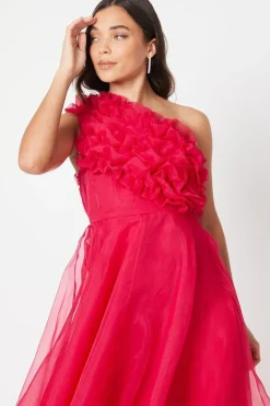 Petite One Shoulder Ruffle Organza Midi Dress
