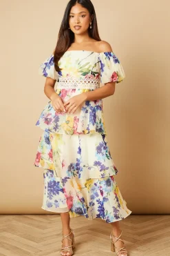 Petite Organza Floral Bardot Midaxi Dress