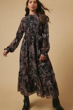 Petite Paisley Dobby Chiffon Trim Belted Midi Dress