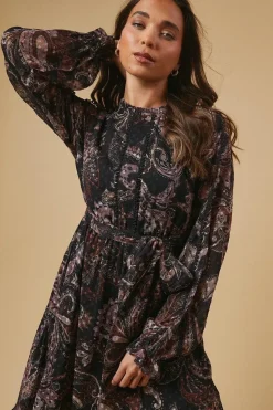 Petite Paisley Dobby Chiffon Trim Belted Midi Dress