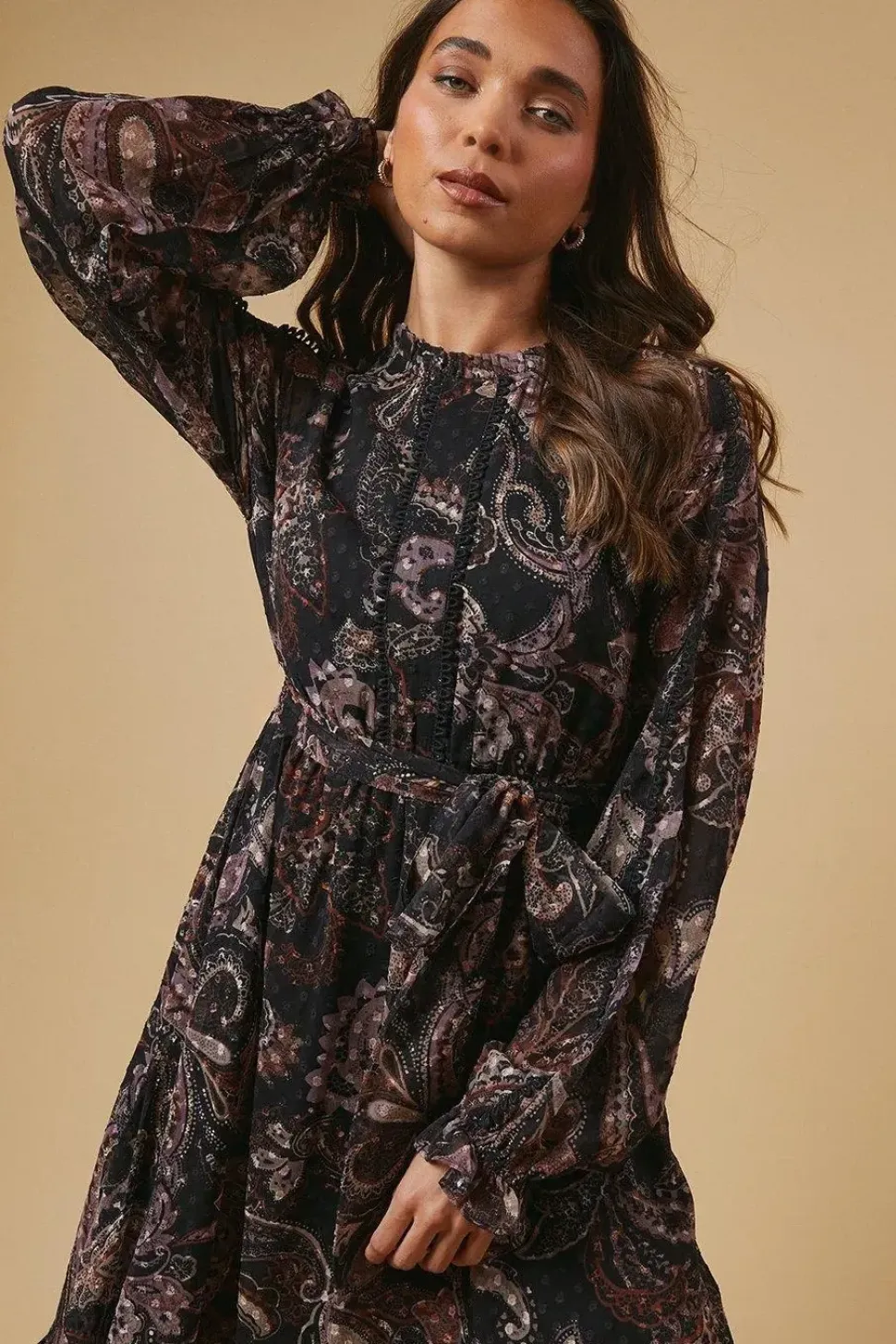 Petite Paisley Dobby Chiffon Trim Belted Midi Dress