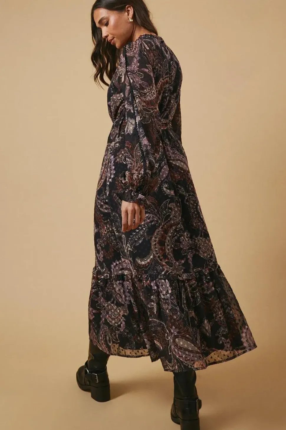 Petite Paisley Dobby Chiffon Trim Belted Midi Dress