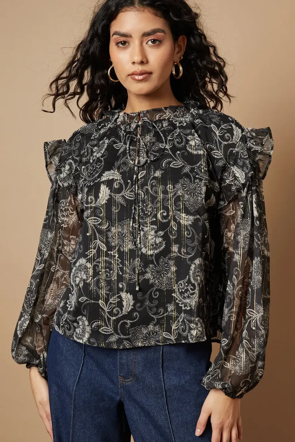 Petite Paisley Metallic Chiffon Tie Neck Blouse