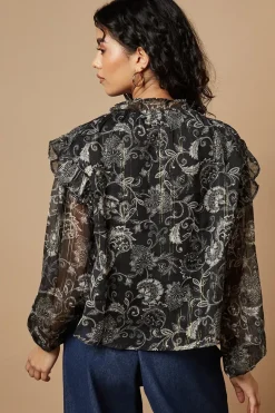Petite Paisley Metallic Chiffon Tie Neck Blouse