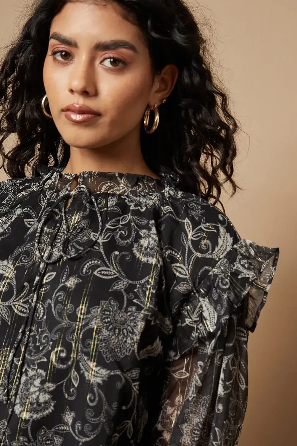 Petite Paisley Metallic Chiffon Tie Neck Blouse