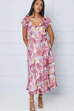 Petite Paisley Metallic Ruffle Shoulder Midi Dress