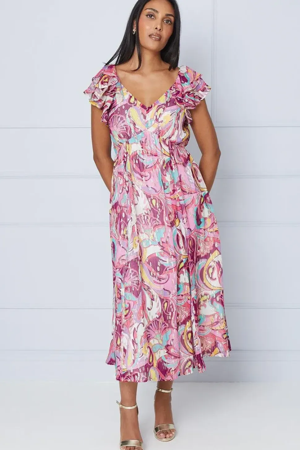 Petite Paisley Metallic Ruffle Shoulder Midi Dress
