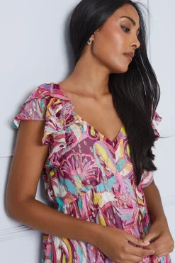 Petite Paisley Metallic Ruffle Shoulder Midi Dress