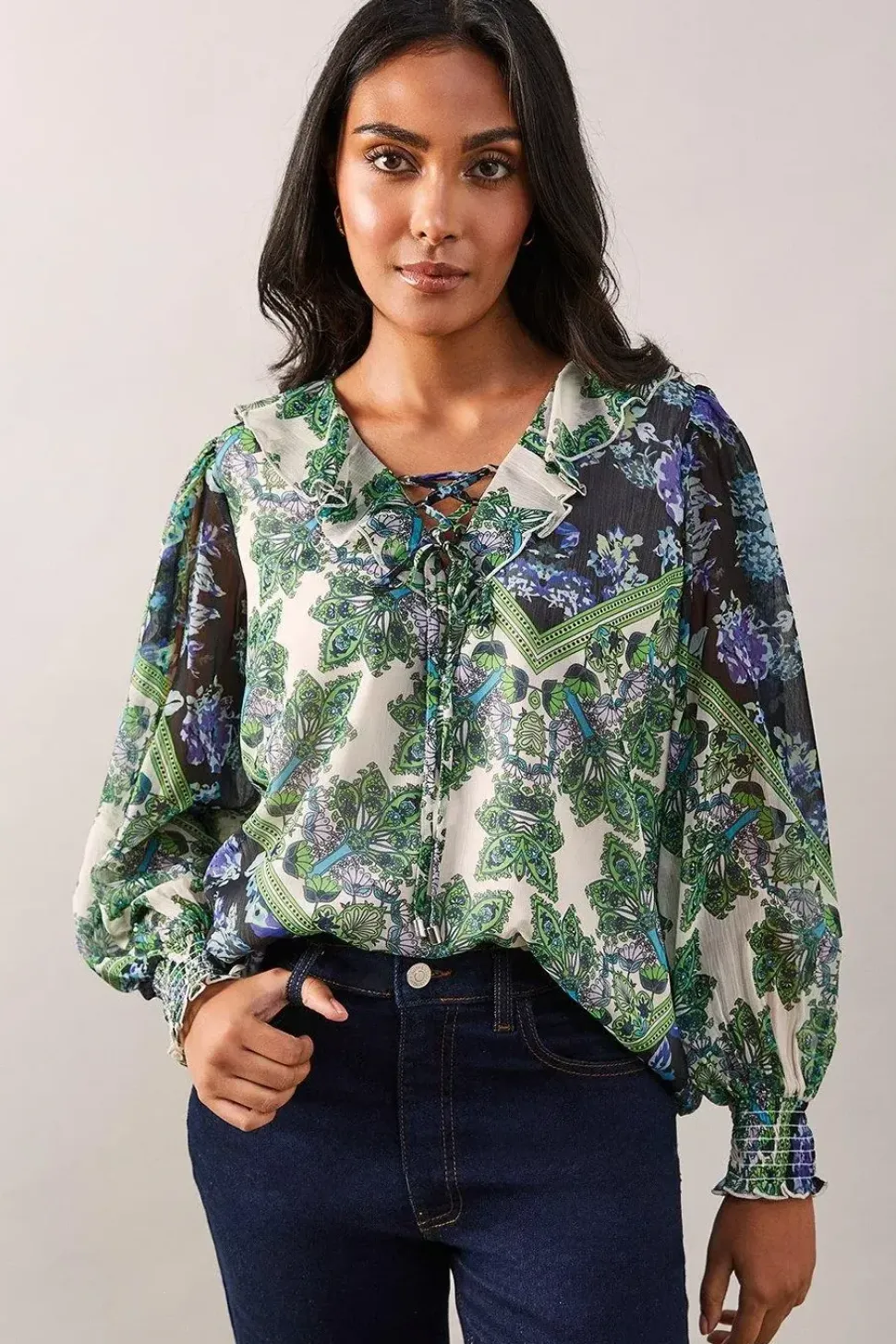 Petite Paisley Patchwork Ruffle Tie Top