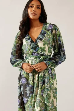 Petite Paisley Patchwork Ruffle Wrap Midi Dress