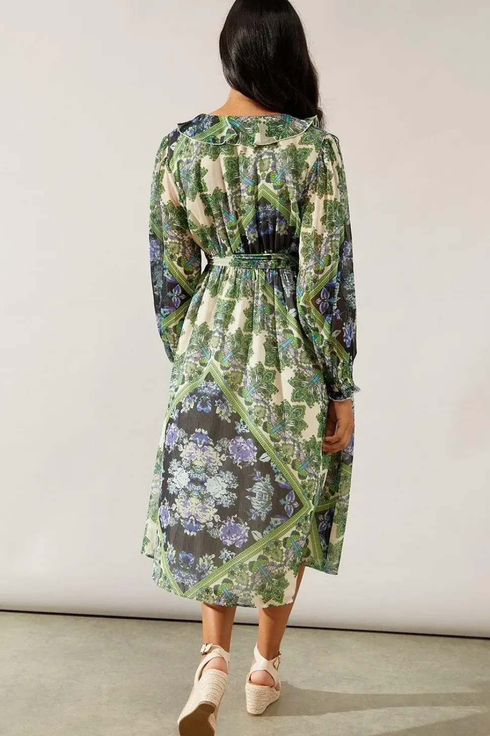 Petite Paisley Patchwork Ruffle Wrap Midi Dress