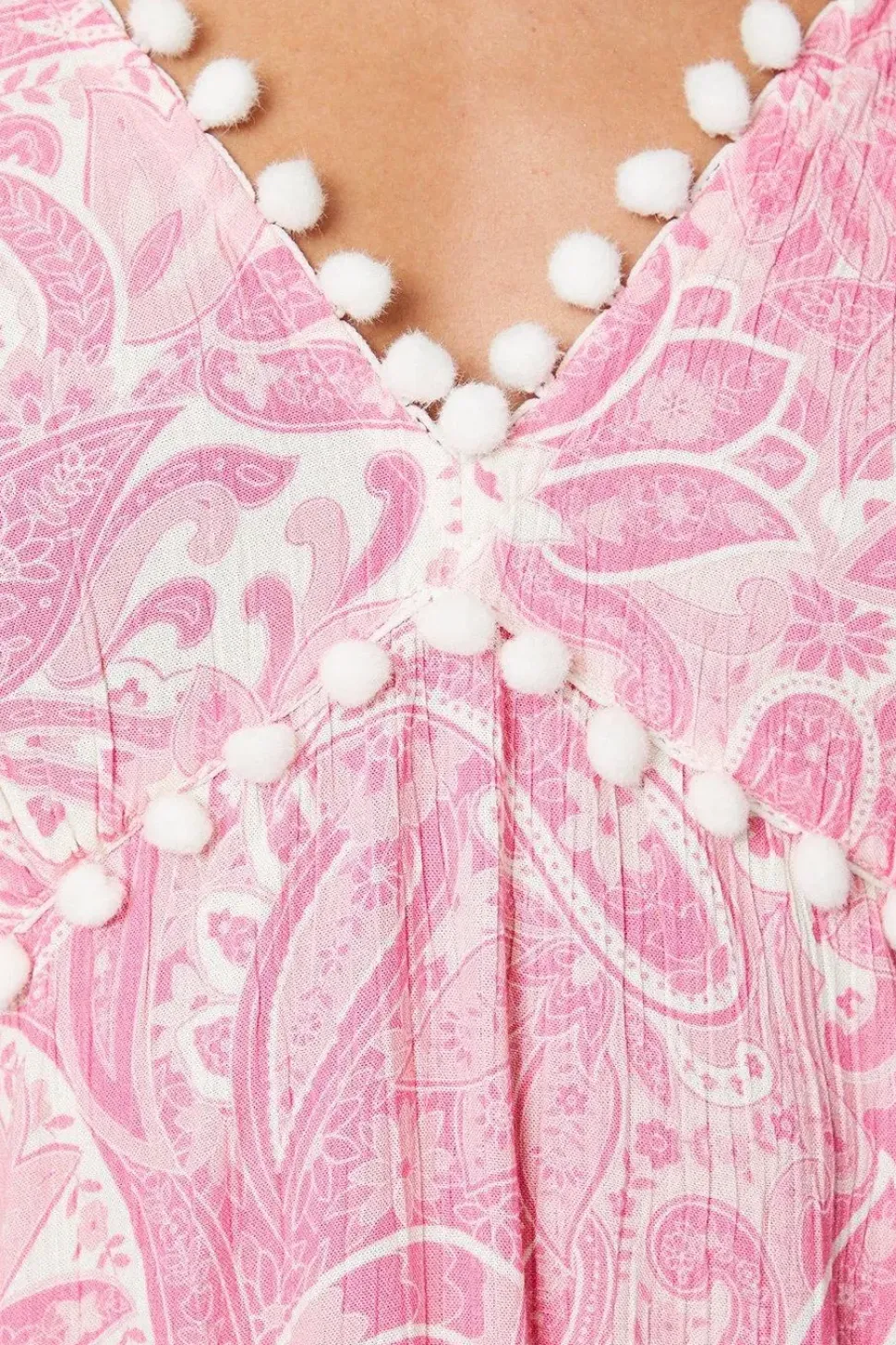 Petite Paisley Pom Pom Trim Tie Shoulder Crinkle Mini Dress