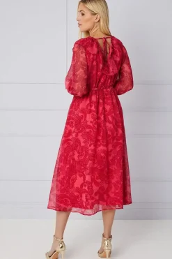 Petite Paisley Ruffle Belted Midi Dress